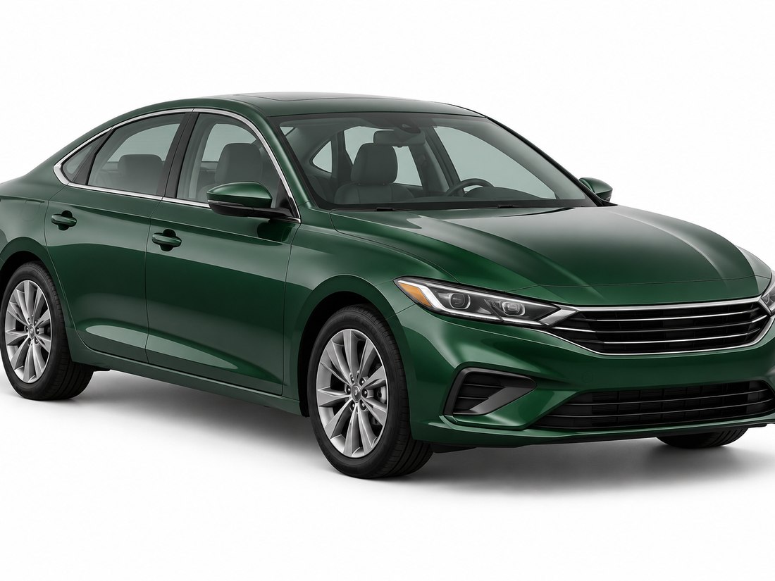 A green sedan photographed on a white background